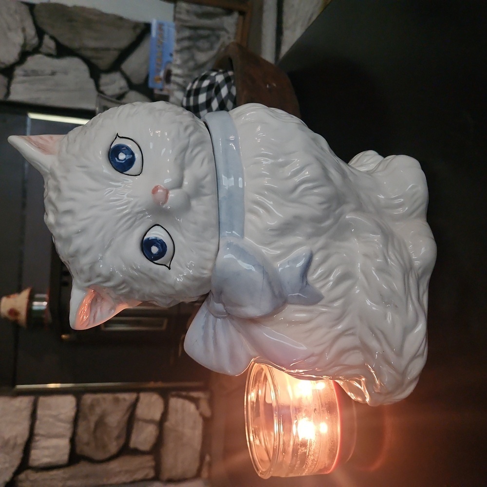 White Persian Cat With Blue Bow Cookie Jar, Pet Treat Jar Biscuit Barrel…